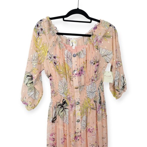 Floral Boho Maxi Dress By Fig & Flower  Smocked Waist Button-Down Puff Sleeves - Picture 3 of 11